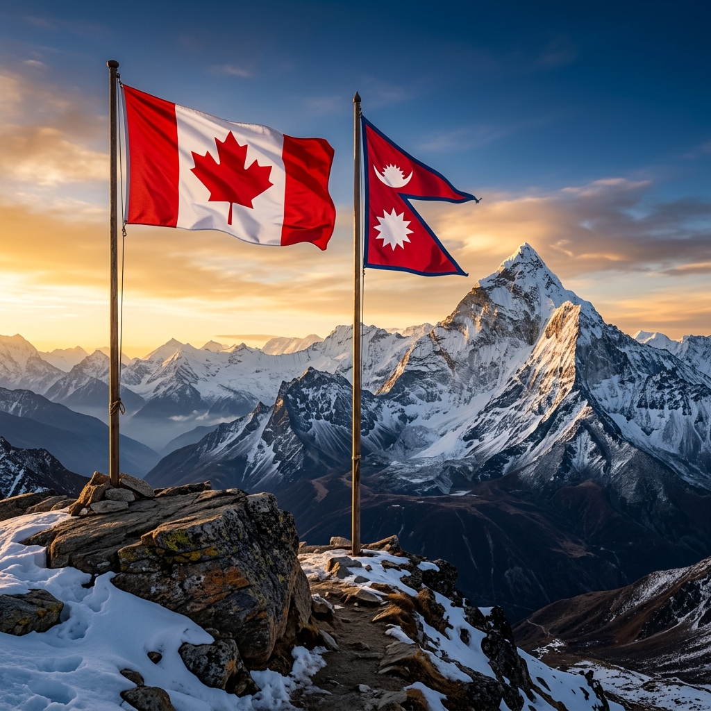 Canada and Nepal Flags over Himalayan Mountains